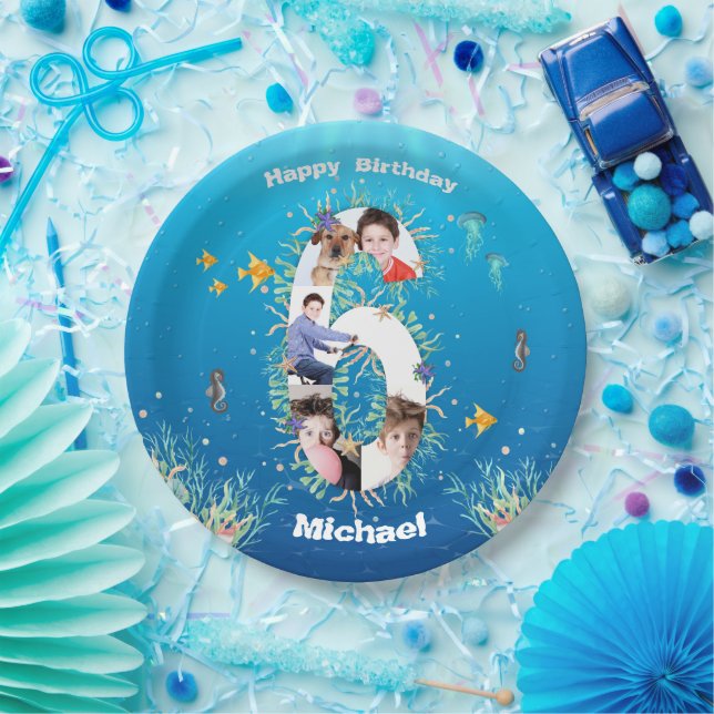 Big 6th Birthday Photo Collage Under The Sea Paper Plate (Party)