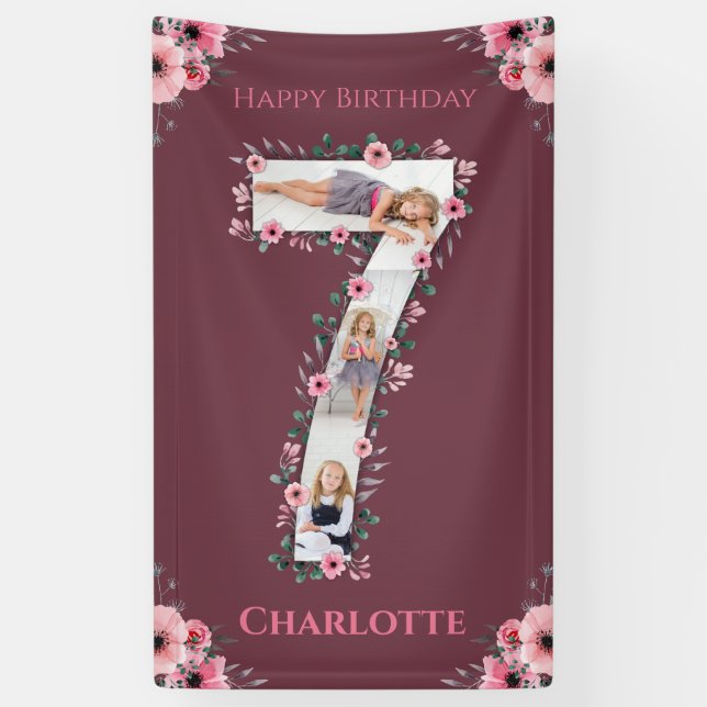 Big 7th Birthday Girl Photo Collage Pink Flower Banner (Vertical)