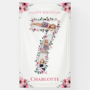 Big 7th Birthday Girl Photo Collage Pink Flower Banner