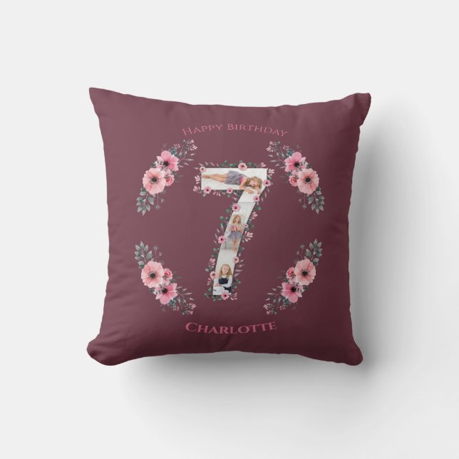 Big 7th Birthday Girl Photo Collage Pink Flower Cushion (Front)