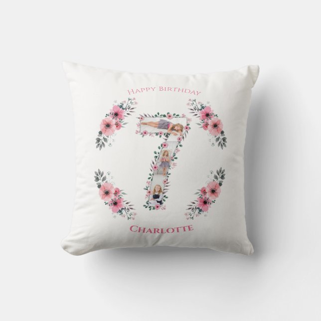 Big 7th Birthday Girl Photo Collage Pink Flower Cushion (Front)