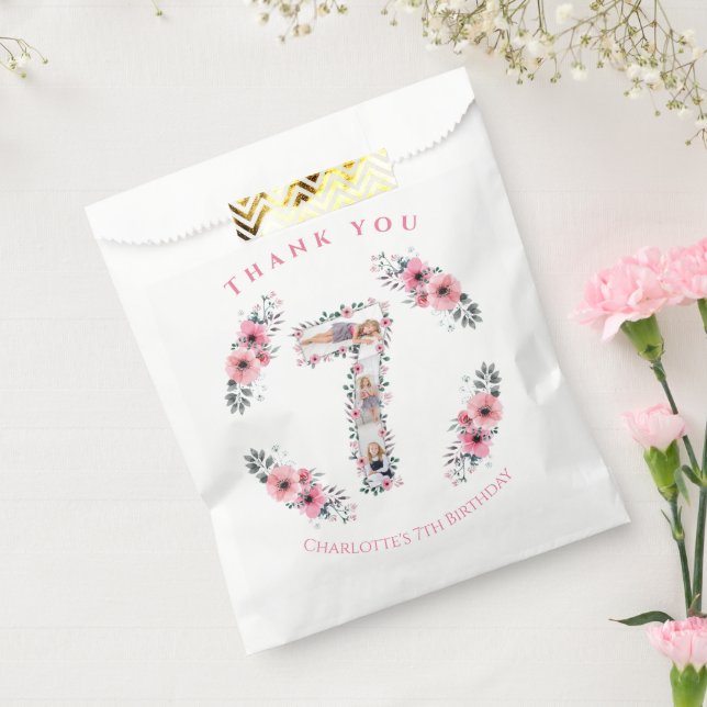 Big 7th Birthday Girl Photo Collage Pink Flower Favour Bags (Sealed)