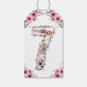 Big 7th Birthday Girl Photo Collage Pink Flower Gift Tags