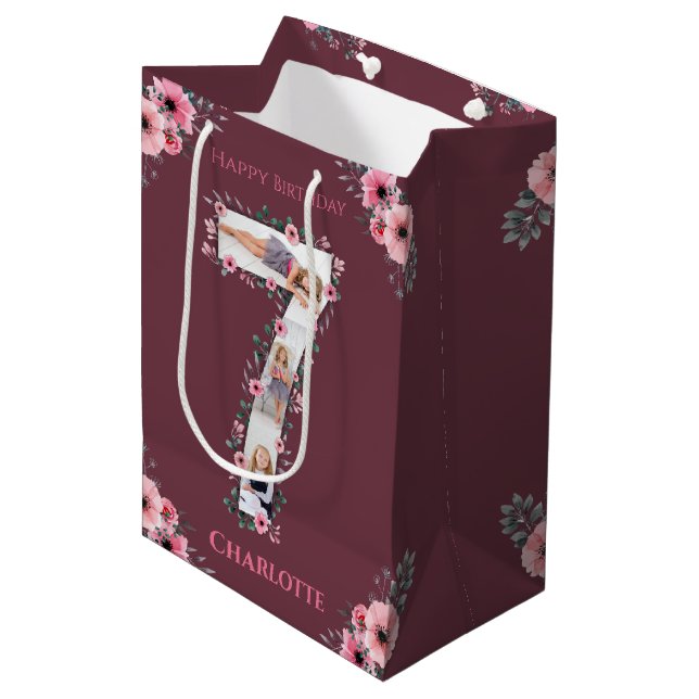 Big 7th Birthday Girl Photo Collage Pink Flower Medium Gift Bag (Front Angled)