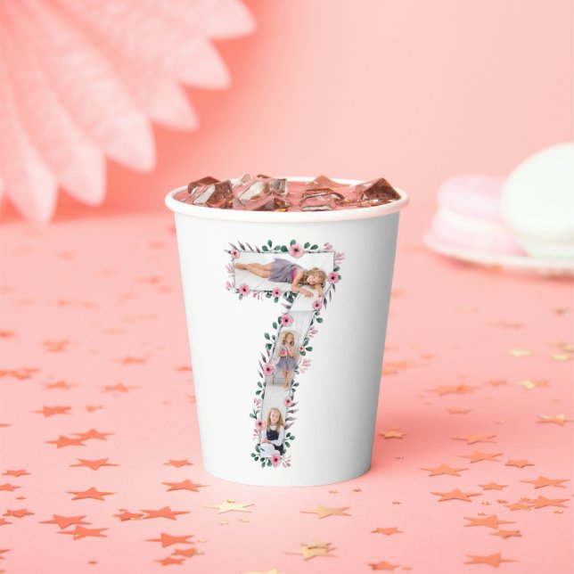 Big 7th Birthday Girl Photo Collage Pink Flower Paper Cups (Insitu)