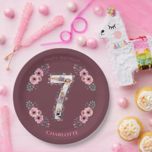 Big 7th Birthday Girl Photo Collage Pink Flower Paper Plate