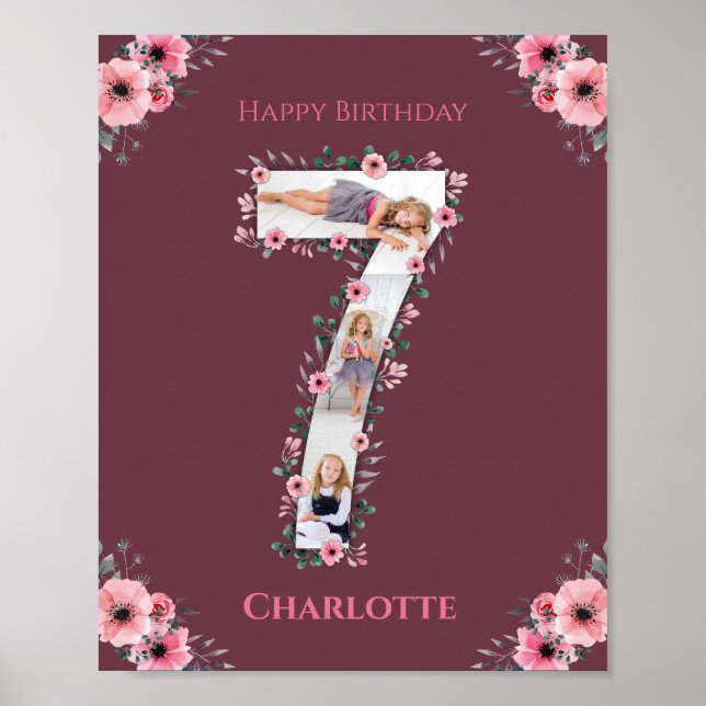 Big 7th Birthday Girl Photo Collage Pink Flower Poster (Front)