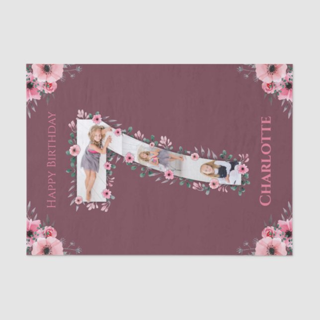 Big 7th Birthday Girl Photo Collage Pink Flower Tissue Paper (Front)