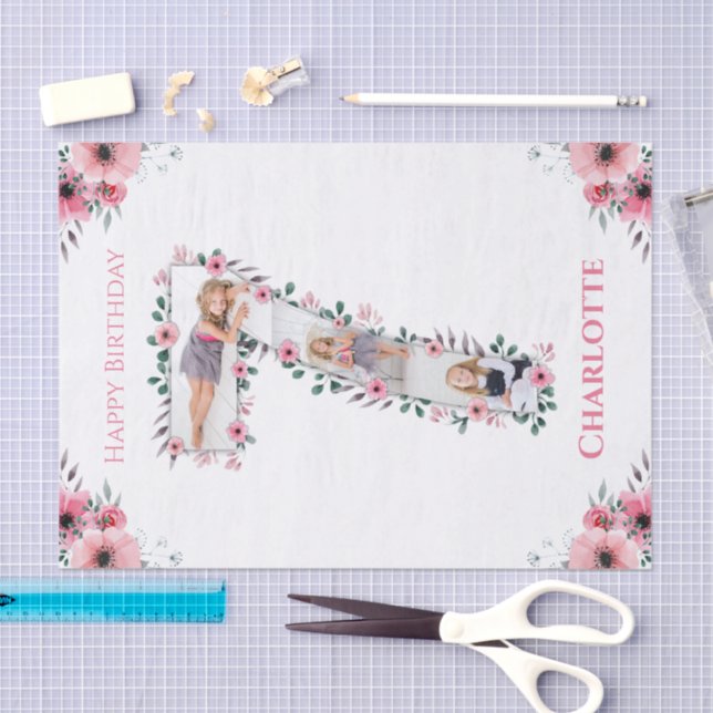 Big 7th Birthday Girl Photo Collage Pink Flower Tissue Paper (Craft)