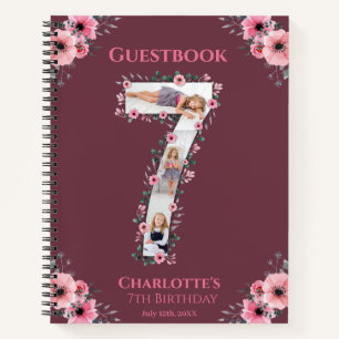 Big 7th Birthday Girl Photo Pink Flower Guest Book