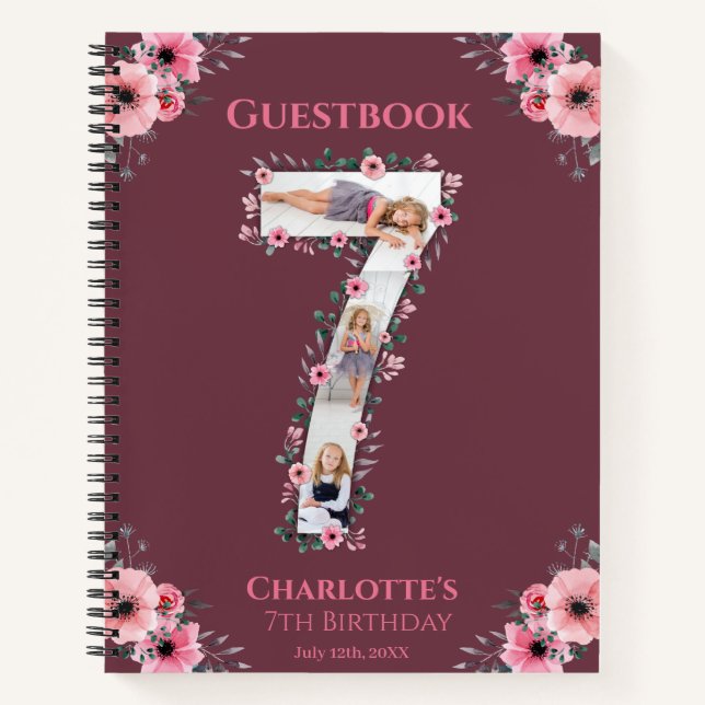 Big 7th Birthday Girl Photo Pink Flower Guest Book (Front)