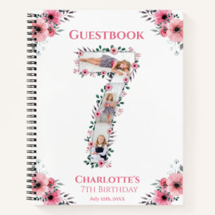 Big 7th Birthday Girl Photo Pink Flower Guest Book