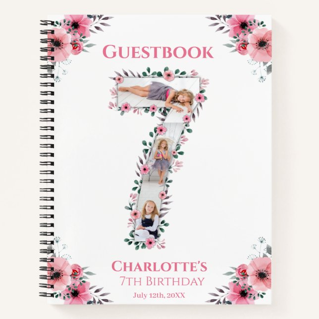 Big 7th Birthday Girl Photo Pink Flower Guest Book (Front)