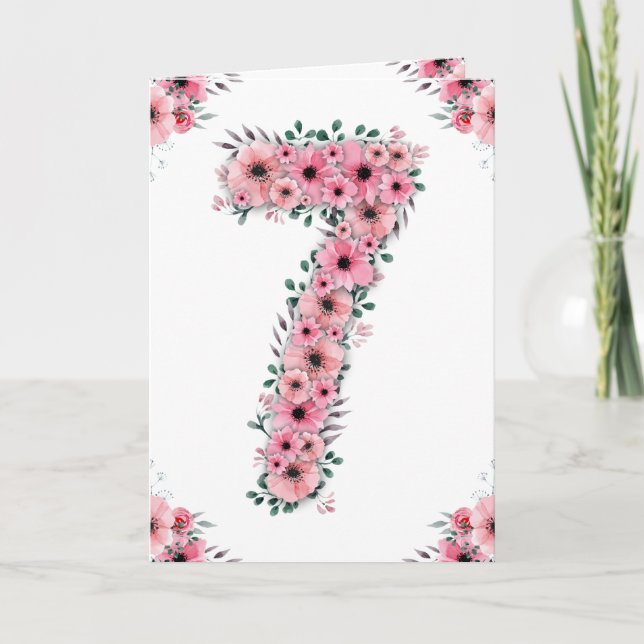 Big 7th Birthday Girl Pink Flowers Green Foliage Card (Front)