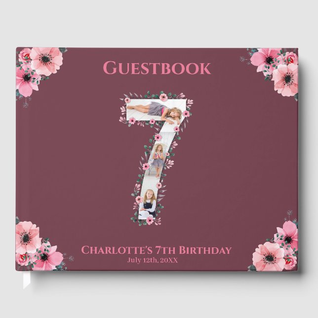 Big 7th Birthday Photo Collage Flower Girl Pink Guest Book (Front)