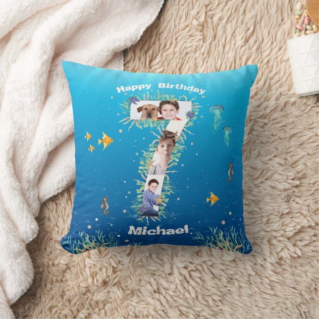 Big 7th Birthday Photo Collage Under The Sea Cushion (Blanket)