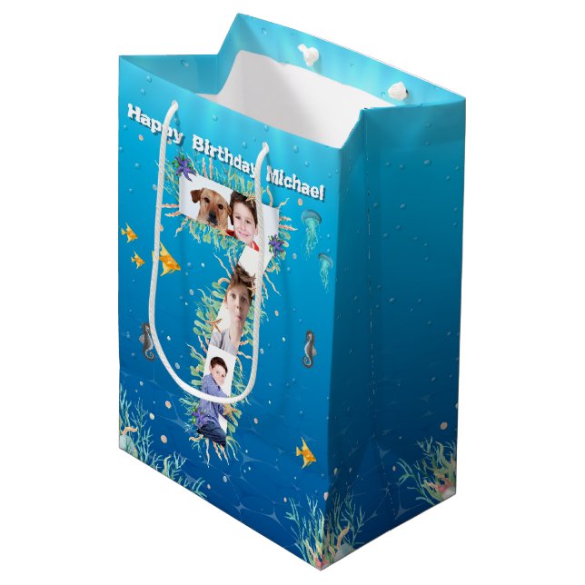 Big 7th Birthday Photo Collage Under The Sea Medium Gift Bag (Front Angled)