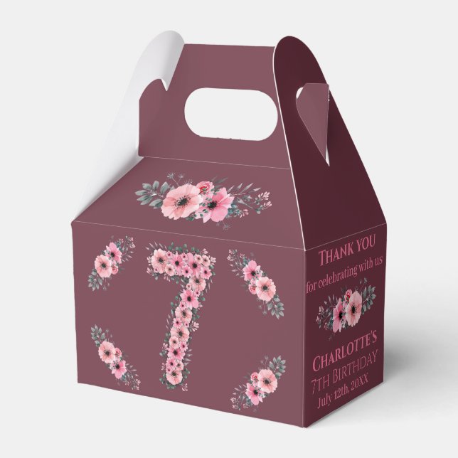 Big 7th Birthday Pink Flowers Girl Green Foliage Favour Box (Front Side)