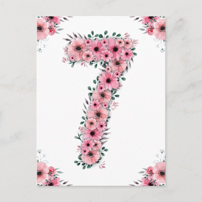 Big 7th Birthday Pink Flowers Girl Green Foliage Postcard (Front)