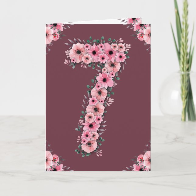 Big 7th Birthday Pink Flowers Green Foliage Girl Card (Front)
