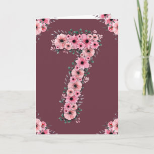 Big 7th Birthday Pink Flowers Green Foliage Girl Card