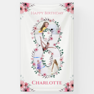 Big 8th Birthday Girl Photo Collage Pink Flower Banner