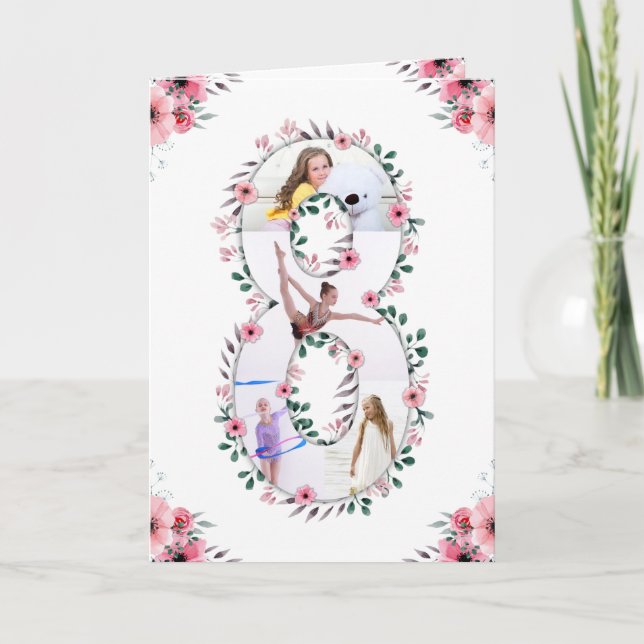 Big 8th Birthday Girl Photo Collage Pink Flower Card (Front)