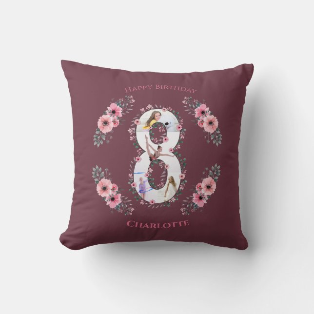 Big 8th Birthday Girl Photo Collage Pink Flower Cushion (Front)