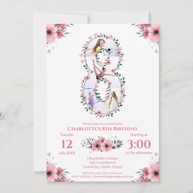 Big 8th Birthday Girl Photo Collage Pink Flower Invitation (Front)