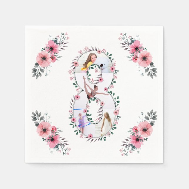 Big 8th Birthday Girl Photo Collage Pink Flower Napkin (Front)