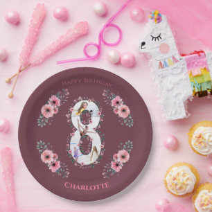 Big 8th Birthday Girl Photo Collage Pink Flower Paper Plate