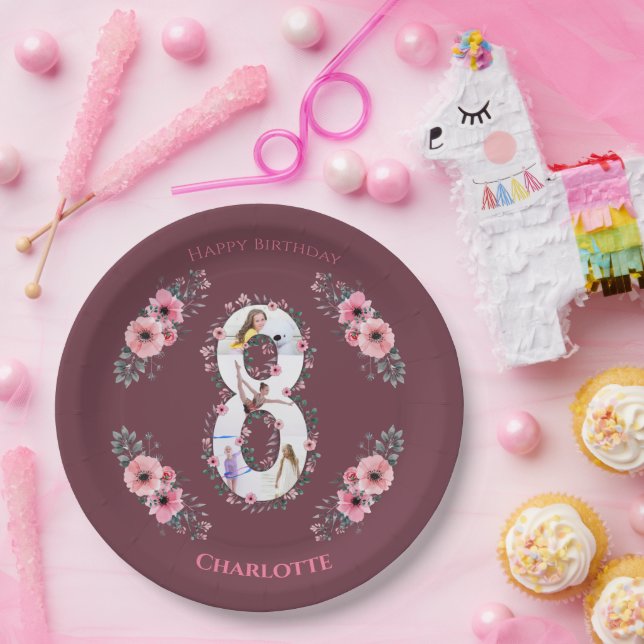 Big 8th Birthday Girl Photo Collage Pink Flower Paper Plate (Party)