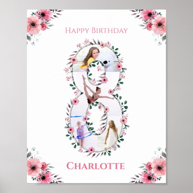 Big 8th Birthday Girl Photo Collage Pink Flower Poster (Front)