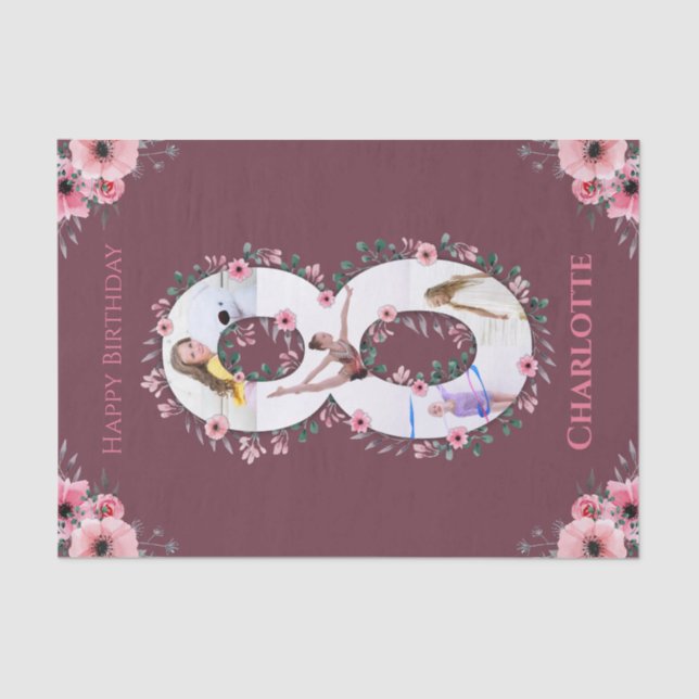 Big 8th Birthday Girl Photo Collage Pink Flower Ti Tissue Paper (Front)