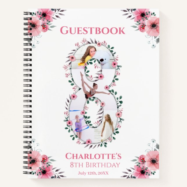Big 8th Birthday Girl Photo Pink Flower Guest Book (Front)