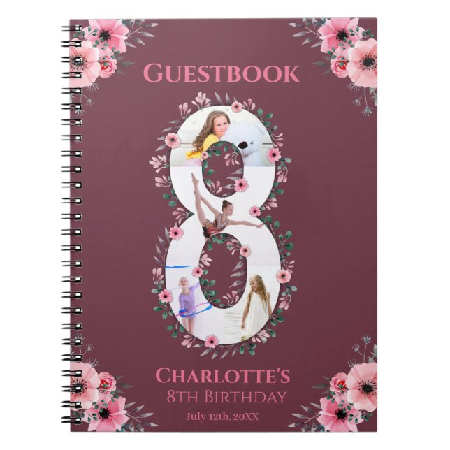 Big 8th Birthday Girl Photo Pink Flower Guest Book (Front)