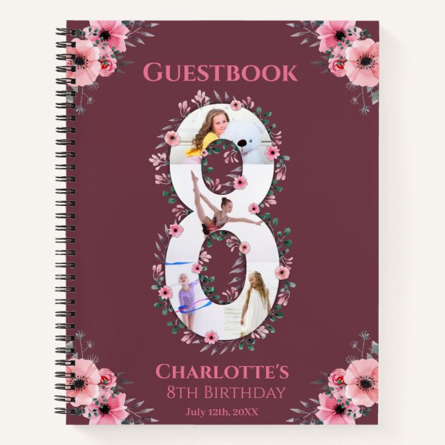 Big 8th Birthday Girl Photo Pink Flower Guest Book (Front)