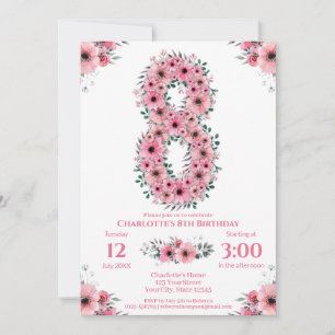 Big 8th Birthday Green Foliage Girl Pink Flowers Invitation