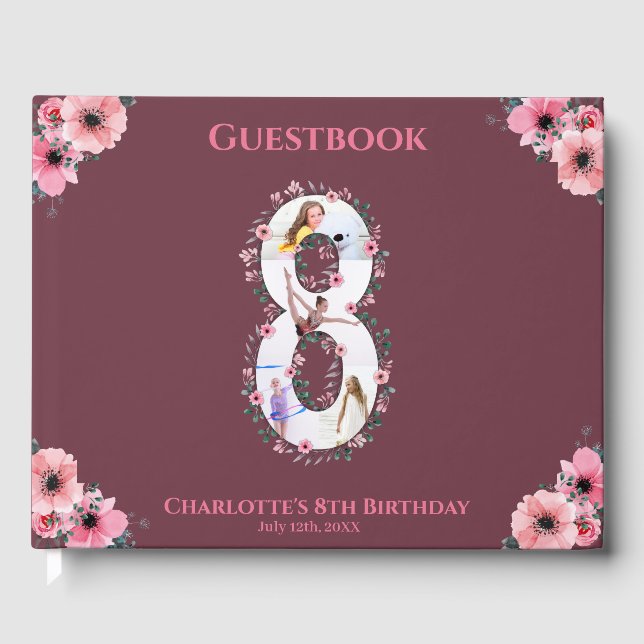 Big 8th Birthday Photo Collage Flower Girl Pink Guest Book (Front)