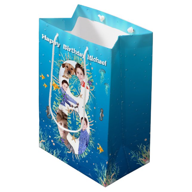 Big 8th Birthday Photo Collage Under The Sea Medium Gift Bag (Front Angled)