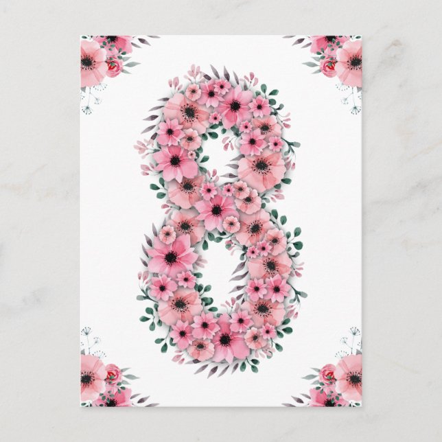 Big 8th Birthday Pink Flowers Girl Green Foliage Postcard (Front)