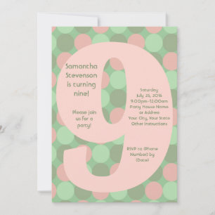 Big 9 Birthday Party Invitations, Pink and Green Invitation