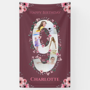 Big 9th Birthday Girl Photo Collage Pink Flower Banner