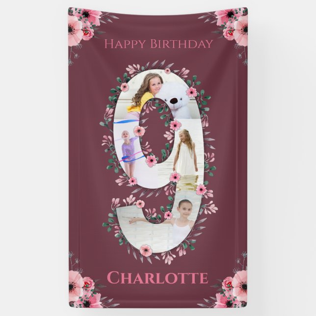 Big 9th Birthday Girl Photo Collage Pink Flower Banner (Vertical)