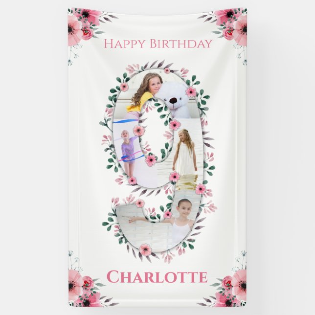 Big 9th Birthday Girl Photo Collage Pink Flower Banner (Vertical)