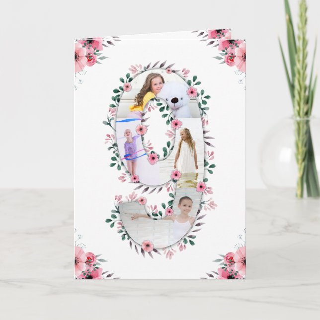 Big 9th Birthday Girl Photo Collage Pink Flower Card (Front)