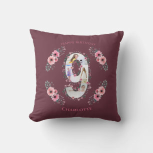 Big 9th Birthday Girl Photo Collage Pink Flower Cushion