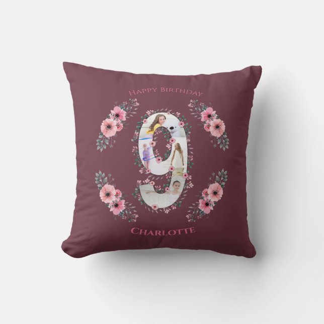 Big 9th Birthday Girl Photo Collage Pink Flower Cushion (Front)