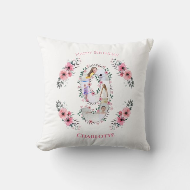 Big 9th Birthday Girl Photo Collage Pink Flower Cushion (Front)