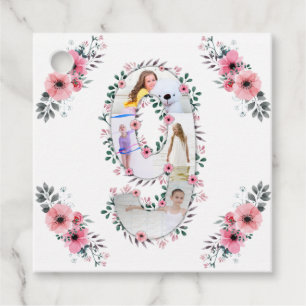 Big 9th Birthday Girl Photo Collage Pink Flower Favour Tags